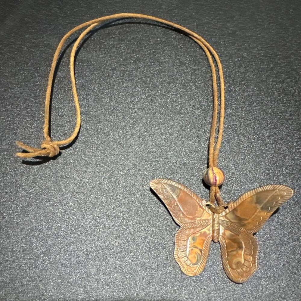 Handmade Artisan Copper Pendant Butterfly Necklace Butterfly on Suede Cord Brown
